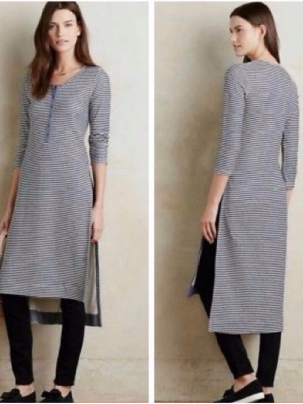 Anthropologie Blue and White Striped Long Henley Tunic